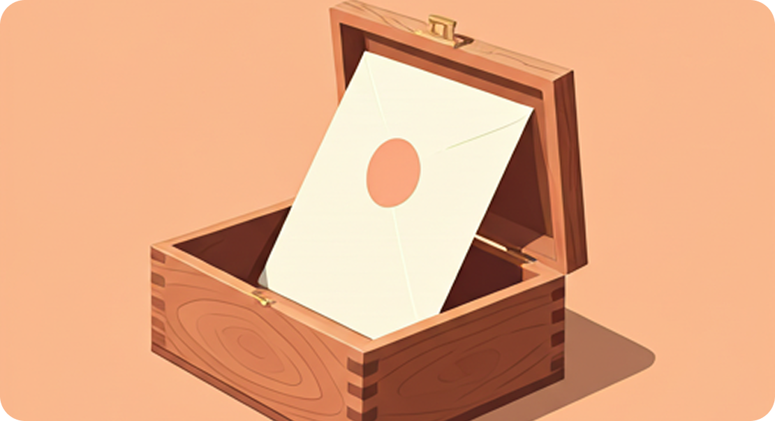 A keepsake box holding a sealed envelope